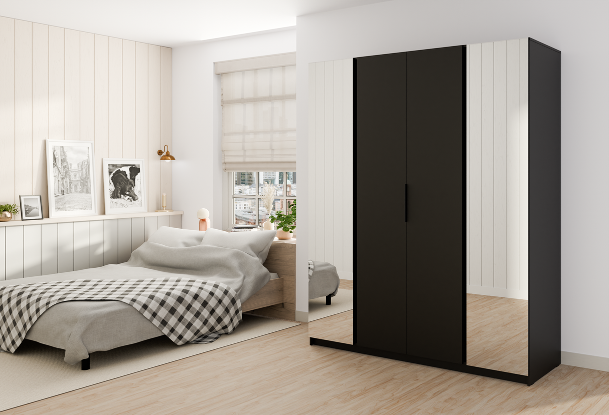 KAJA 2 MIRROR 2F - AVAILABLE IN 4 COLORSDimensions: 2000 x 2390 x 619 mm (W x H x D)Number of Packages: 6Front:- laminated plate 16 mm - black- the edge of ABS- handle UA-HEXA-256-20M, 256 mm / aluminumThe body:- laminated plate 16 mm - oak evoke- melamin