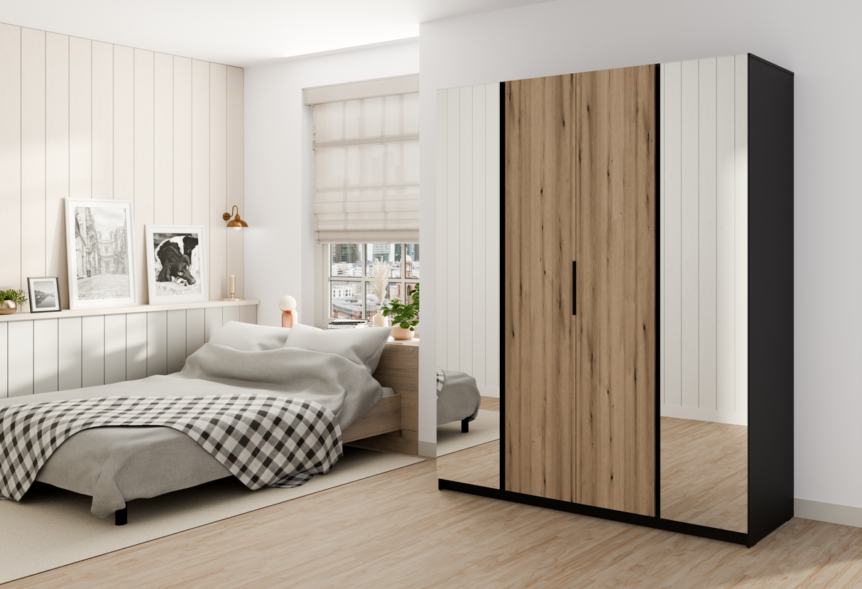 KAJA 2 MIRROR 2F - AVAILABLE IN 4 COLORSDimensions: 2000 x 2390 x 619 mm (W x H x D)Number of Packages: 6Front:- laminated plate 16 mm - black- the edge of ABS- handle UA-HEXA-256-20M, 256 mm / aluminumThe body:- laminated plate 16 mm - oak evoke- melamin