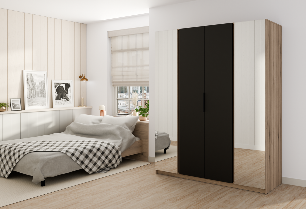 KAJA 2 MIRROR 2F - AVAILABLE IN 4 COLORSDimensions: 2000 x 2390 x 619 mm (W x H x D)Number of Packages: 6Front:- laminated plate 16 mm - black- the edge of ABS- handle UA-HEXA-256-20M, 256 mm / aluminumThe body:- laminated plate 16 mm - oak evoke- melamin