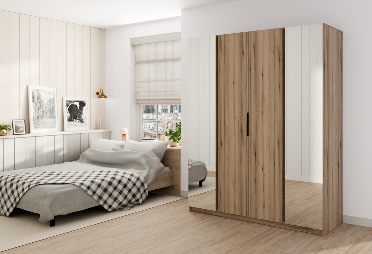 KAJA 2 MIRROR 2F - AVAILABLE IN 4 COLORSDimensions: 2000 x 2390 x 619 mm (W x H x D)Number of Packages: 6Front:- laminated plate 16 mm - black- the edge of ABS- handle UA-HEXA-256-20M, 256 mm / aluminumThe body:- laminated plate 16 mm - oak evoke- melamin