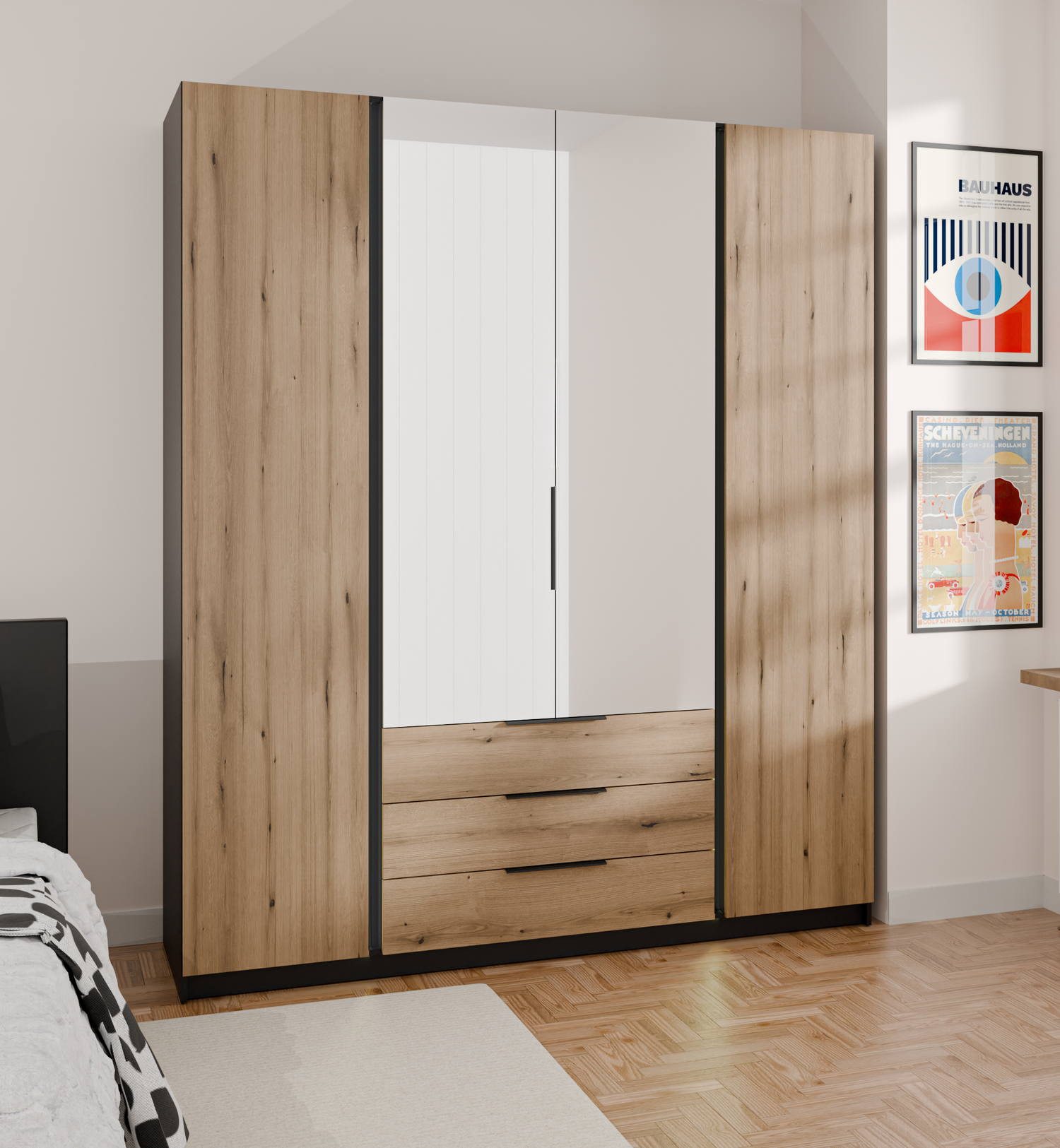 KAJA 2F 2 MIRROR 3S - AVAILABLE IN 4 COLORSDimensions: 2000 x 2390 x 619 mm (W x H x D)Number of Packages: 6Front:- laminated plate 16 mm - black- the edge of ABS- handle UA-HEXA-256-20M, 256 mm / aluminumThe body:- laminated plate 16 mm - oak evoke- mela