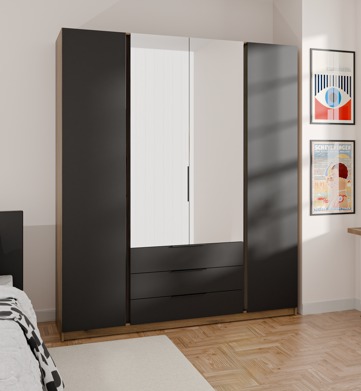 KAJA 2F 2 MIRROR 3S - AVAILABLE IN 4 COLORSDimensions: 2000 x 2390 x 619 mm (W x H x D)Number of Packages: 6Front:- laminated plate 16 mm - black- the edge of ABS- handle UA-HEXA-256-20M, 256 mm / aluminumThe body:- laminated plate 16 mm - oak evoke- mela