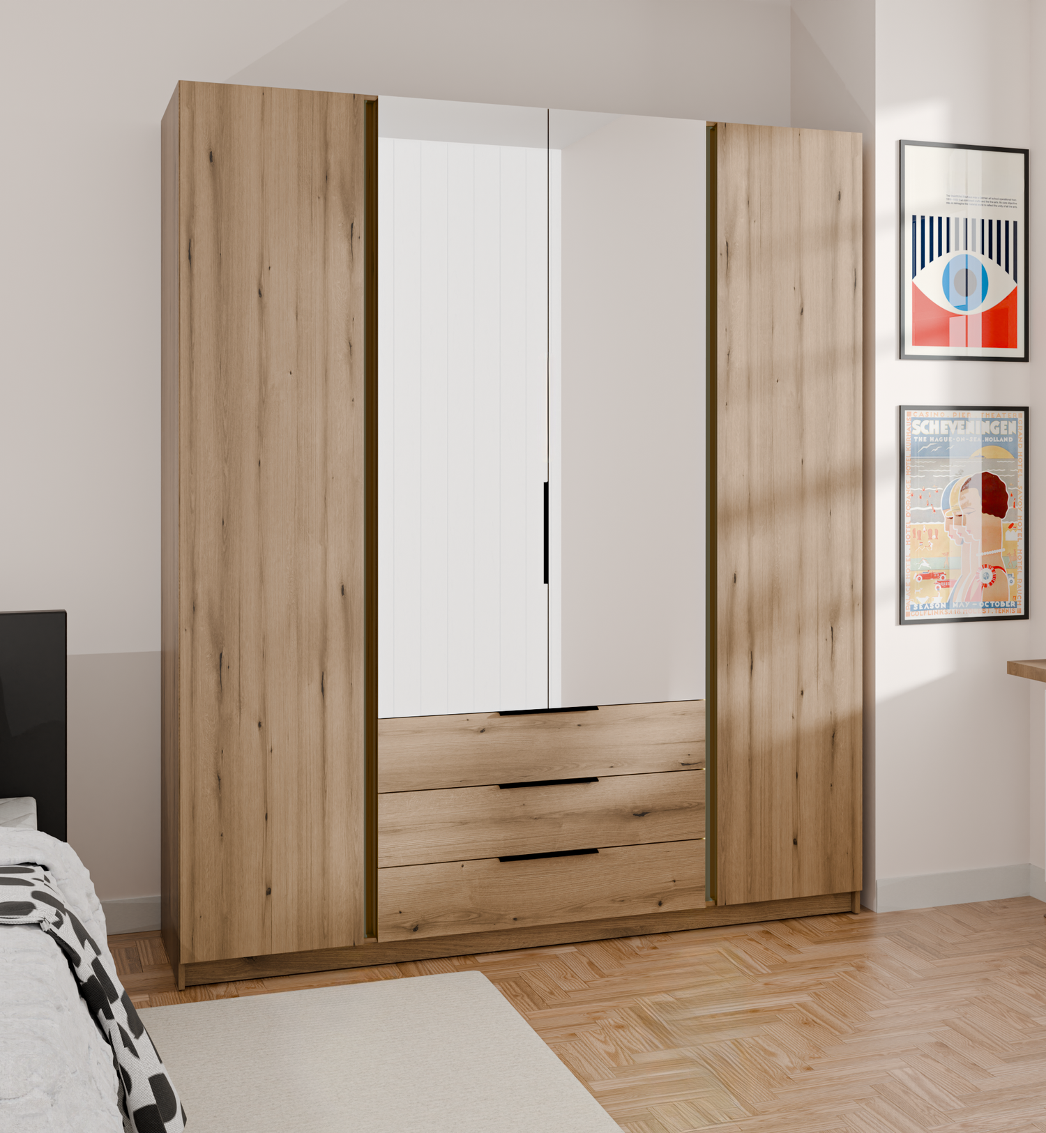 KAJA 2F 2 MIRROR 3S - AVAILABLE IN 4 COLORSDimensions: 2000 x 2390 x 619 mm (W x H x D)Number of Packages: 6Front:- laminated plate 16 mm - black- the edge of ABS- handle UA-HEXA-256-20M, 256 mm / aluminumThe body:- laminated plate 16 mm - oak evoke- mela