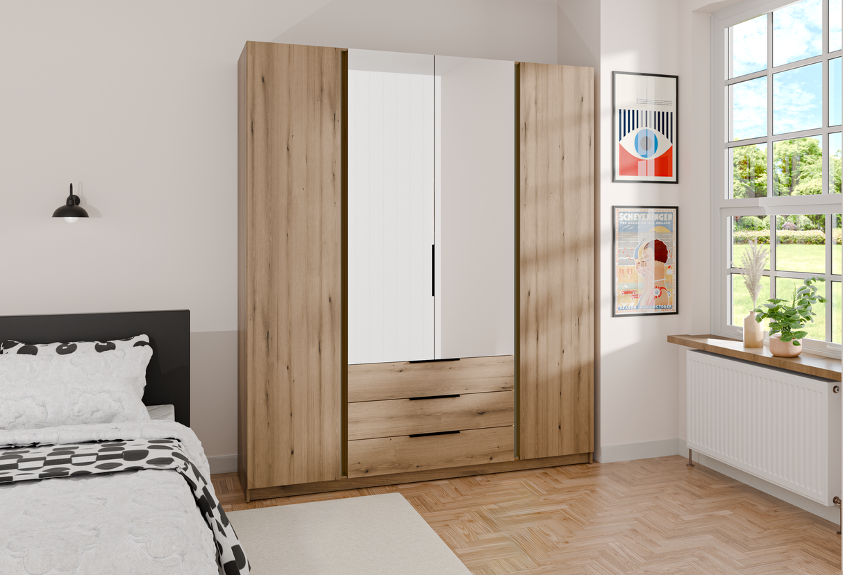 KAJA 2F 2 MIRROR 3S - AVAILABLE IN 4 COLORSDimensions: 2000 x 2390 x 619 mm (W x H x D)Number of Packages: 6Front:- laminated plate 16 mm - black- the edge of ABS- handle UA-HEXA-256-20M, 256 mm / aluminumThe body:- laminated plate 16 mm - oak evoke- mela