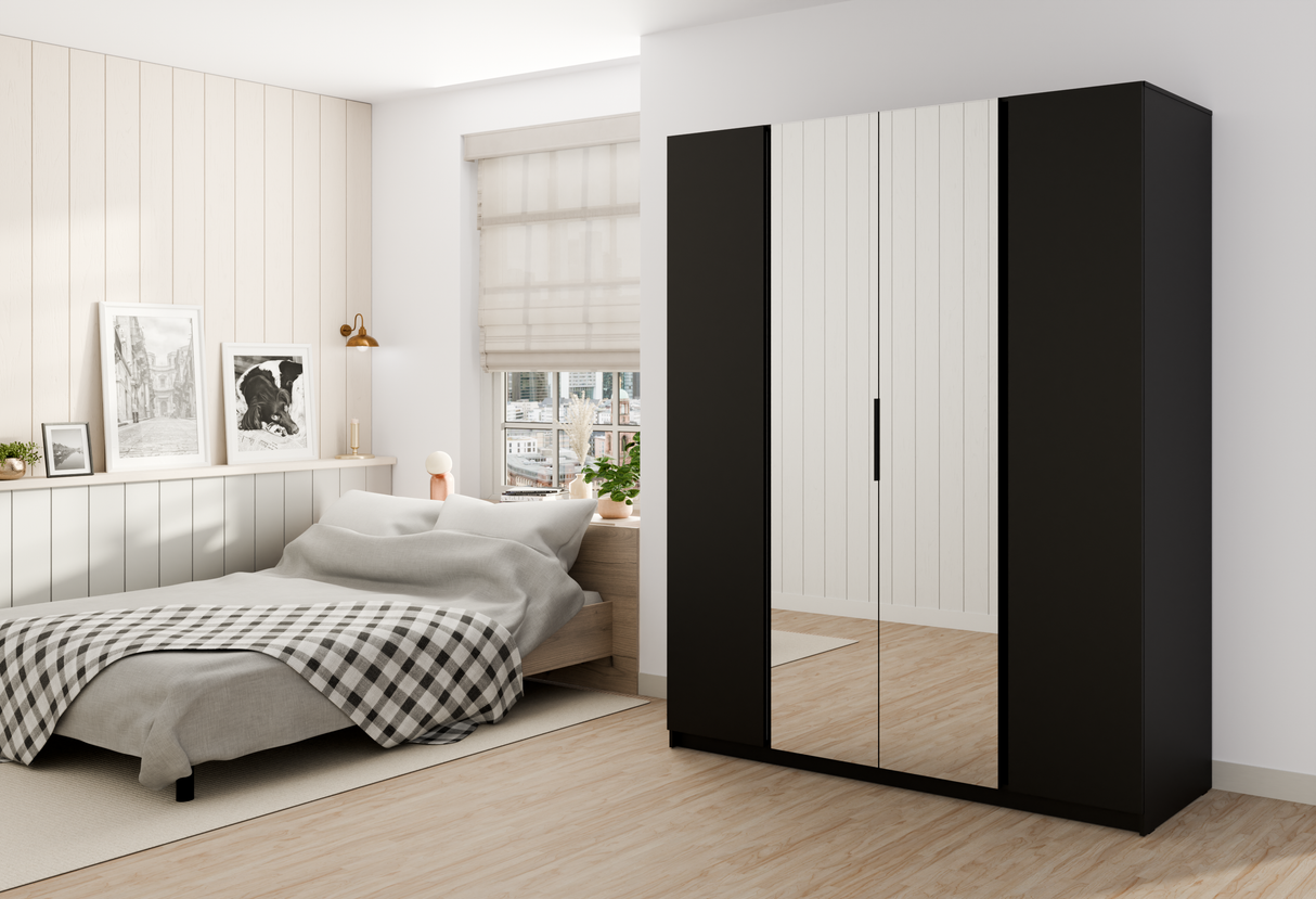 KAJA 2F 2 MIRROR - AVAILABLE IN 4 COLORSDimensions: 2000 x 2390 x 619 mm (W x H x D)Number of Packages: 6Front:- laminated plate 16 mm - black- the edge of ABS- handle UA-HEXA-256-20M, 256 mm / aluminumThe body:- laminated plate 16 mm - oak evoke- melamin