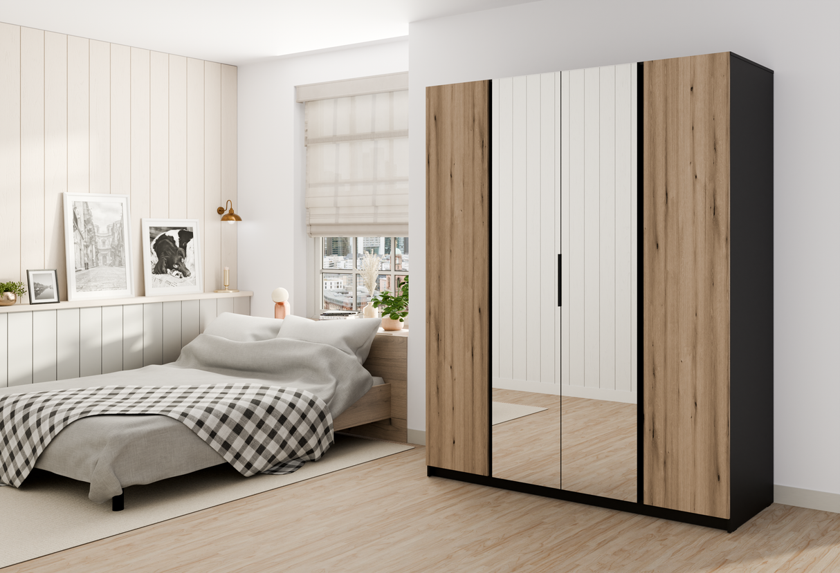 KAJA 2F 2 MIRROR - AVAILABLE IN 4 COLORSDimensions: 2000 x 2390 x 619 mm (W x H x D)Number of Packages: 6Front:- laminated plate 16 mm - black- the edge of ABS- handle UA-HEXA-256-20M, 256 mm / aluminumThe body:- laminated plate 16 mm - oak evoke- melamin