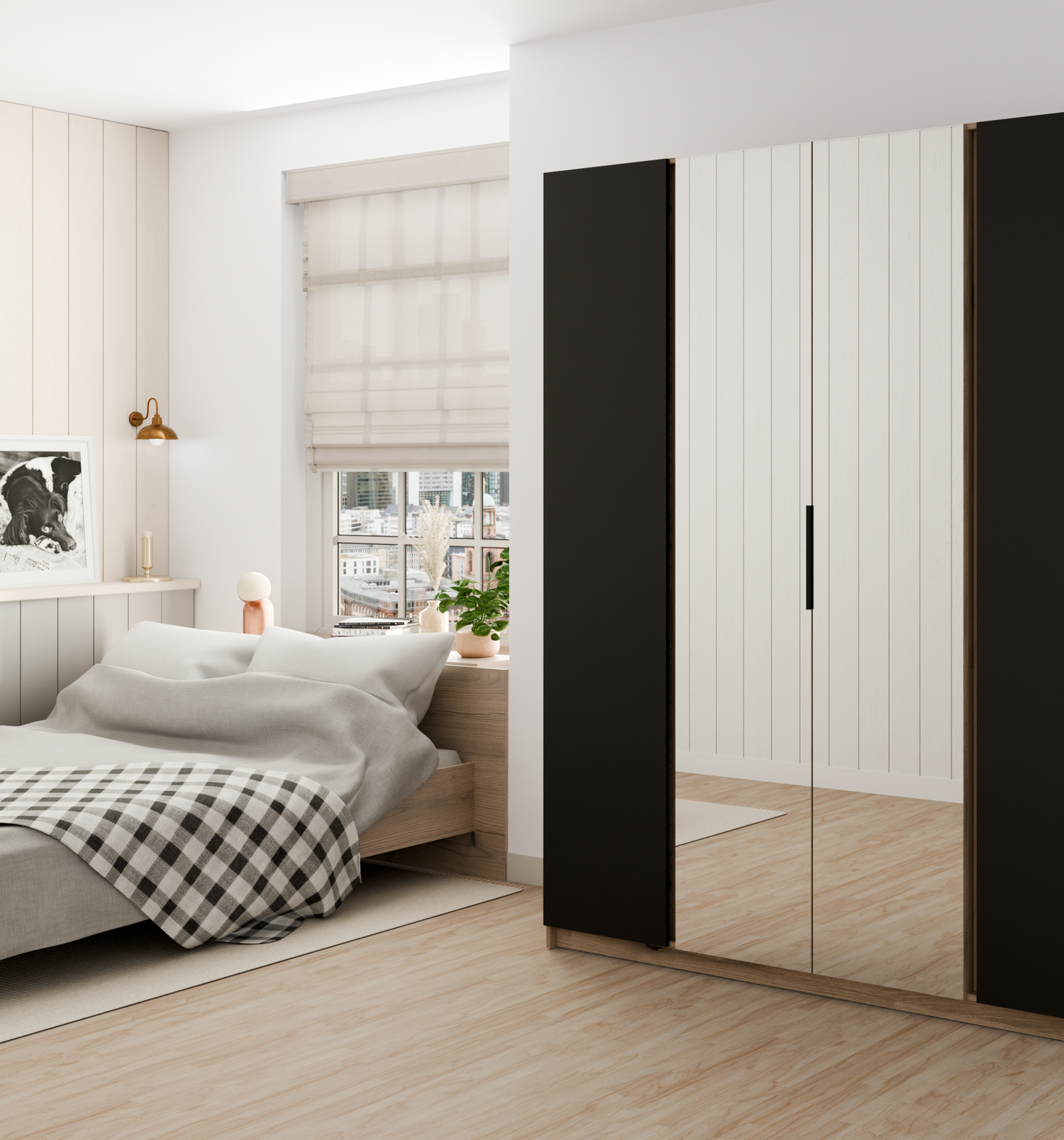 KAJA 2F 2 MIRROR - AVAILABLE IN 4 COLORSDimensions: 2000 x 2390 x 619 mm (W x H x D)Number of Packages: 6Front:- laminated plate 16 mm - black- the edge of ABS- handle UA-HEXA-256-20M, 256 mm / aluminumThe body:- laminated plate 16 mm - oak evoke- melamin