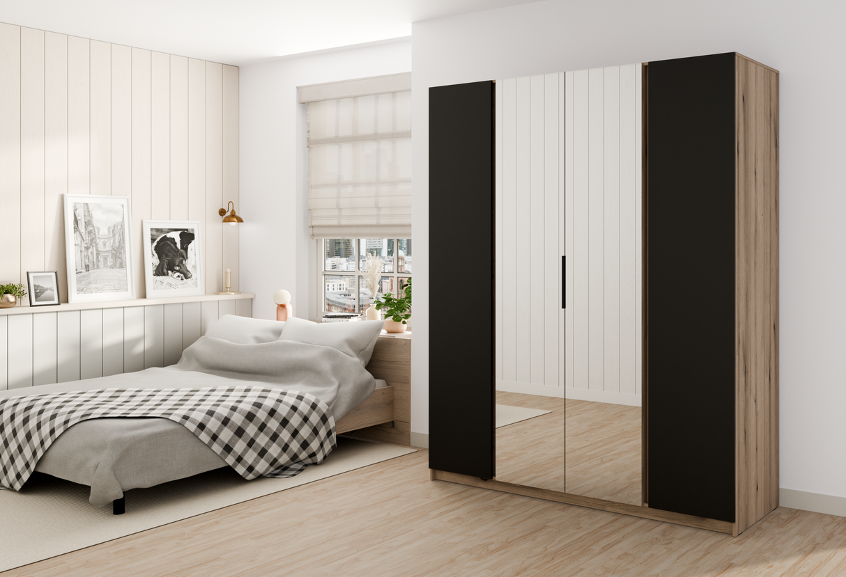 KAJA 2F 2 MIRROR - AVAILABLE IN 4 COLORSDimensions: 2000 x 2390 x 619 mm (W x H x D)Number of Packages: 6Front:- laminated plate 16 mm - black- the edge of ABS- handle UA-HEXA-256-20M, 256 mm / aluminumThe body:- laminated plate 16 mm - oak evoke- melamin