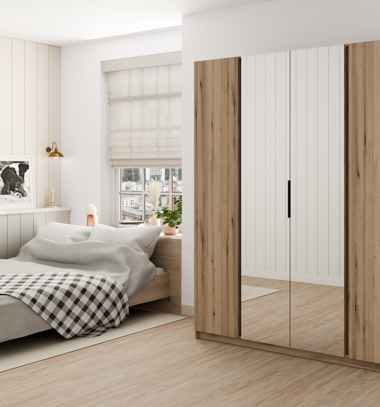 KAJA 2F 2 MIRROR - AVAILABLE IN 4 COLORSDimensions: 2000 x 2390 x 619 mm (W x H x D)Number of Packages: 6Front:- laminated plate 16 mm - black- the edge of ABS- handle UA-HEXA-256-20M, 256 mm / aluminumThe body:- laminated plate 16 mm - oak evoke- melamin