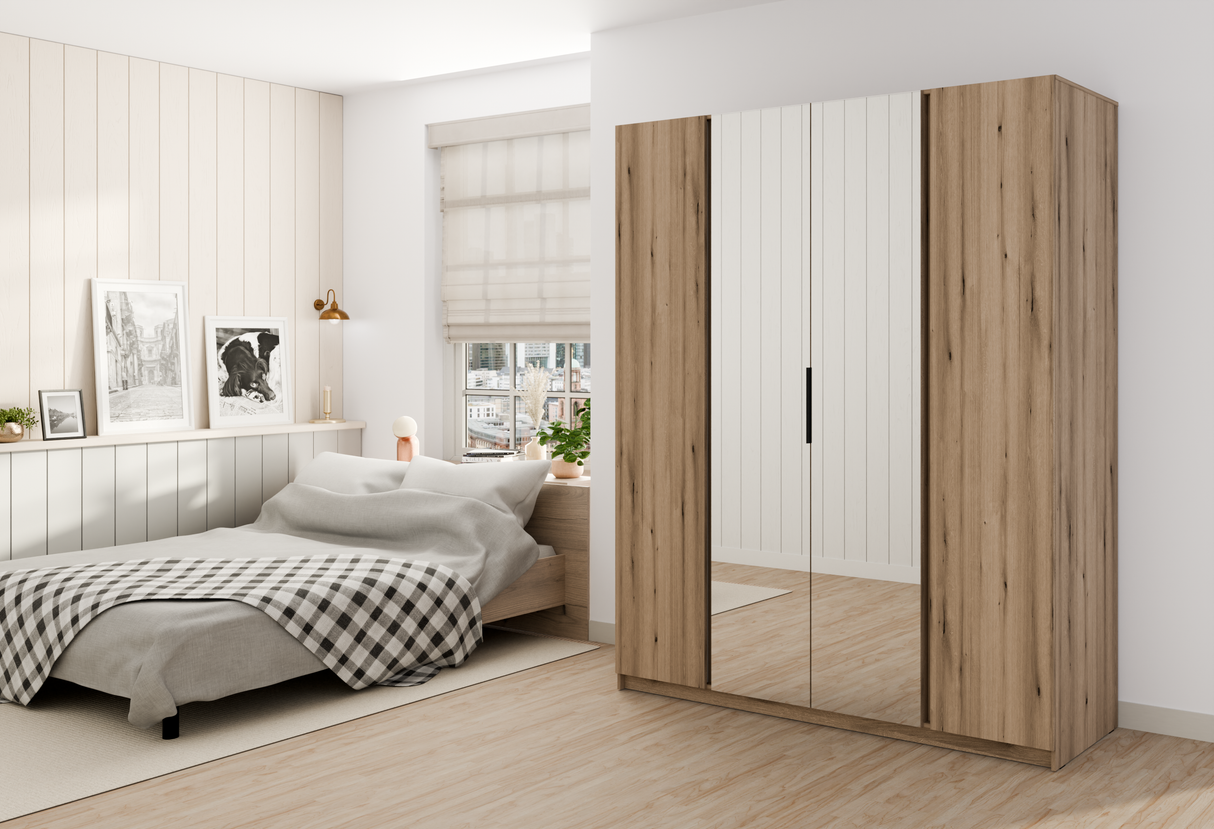 KAJA 2F 2 MIRROR - AVAILABLE IN 4 COLORSDimensions: 2000 x 2390 x 619 mm (W x H x D)Number of Packages: 6Front:- laminated plate 16 mm - black- the edge of ABS- handle UA-HEXA-256-20M, 256 mm / aluminumThe body:- laminated plate 16 mm - oak evoke- melamin
