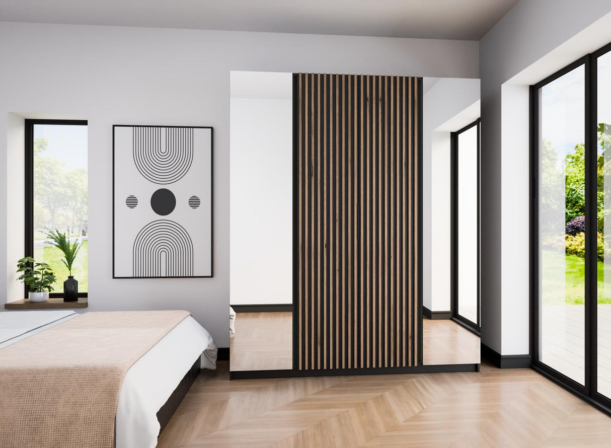 KAJA 2 MIRROR 2LAM - AVAILABLE IN 4 COLORSDimensions: 2000 x 2390 x 619 mm (W x H x D)Number of Packages: 6Front:- laminated plate 16 mm - black- the edge of ABS- handle UA-HEXA-256-20M, 256 mm / aluminumThe body:- laminated plate 16 mm - oak evoke- melam