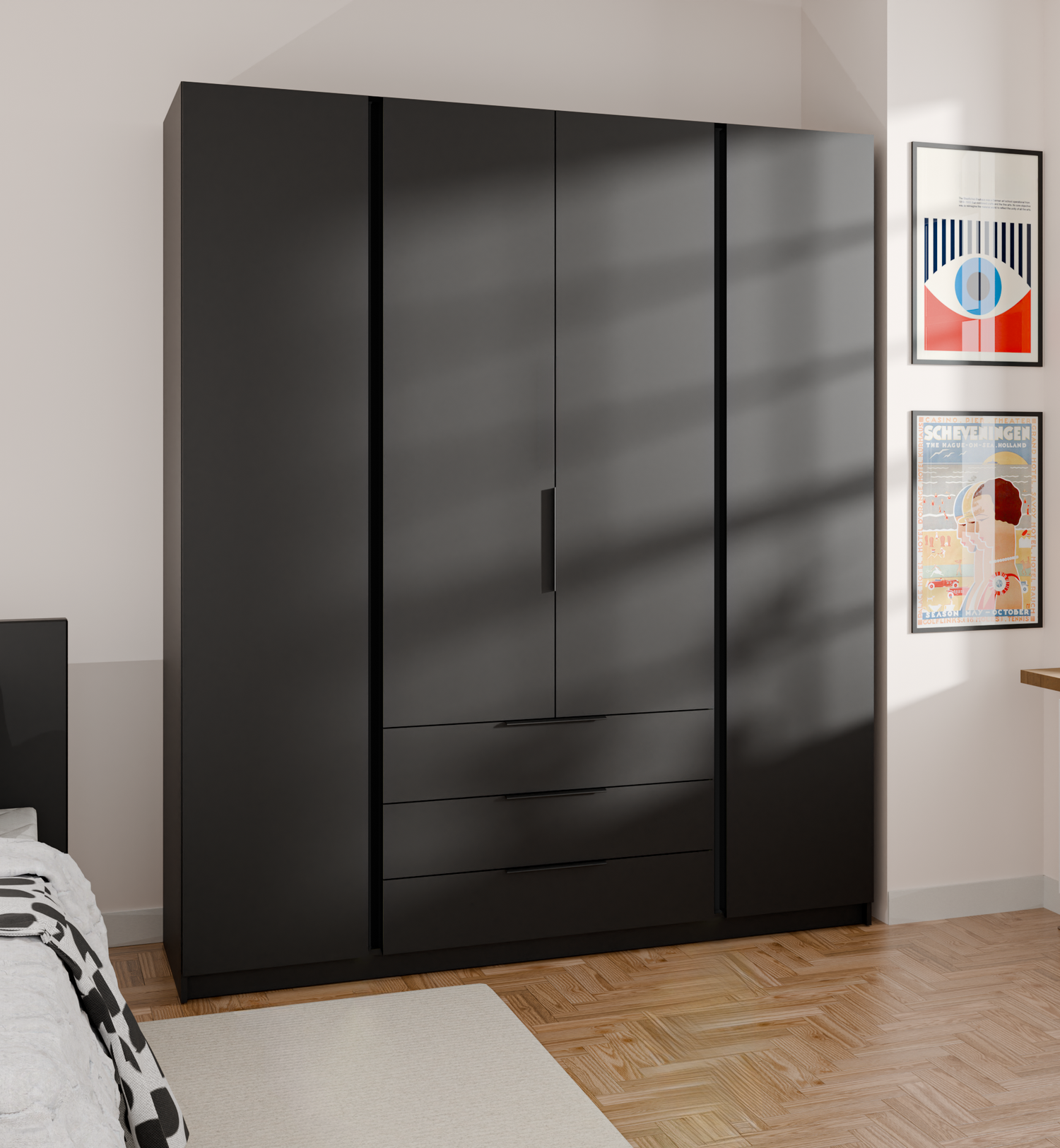 KAJA 4F 3S - AVAILABLE IN 4 COLORSDimensions: 2000 x 2390 x 619 mm (W x H x D)Number of packages: 6Front:- 16 mm laminated board- ABS edging- UA-HEXA-256-20M holder, 256 mm / aluminumBody:- 16 mm laminated board - melamine / ABS edgeDrawers:- QUADRO guide