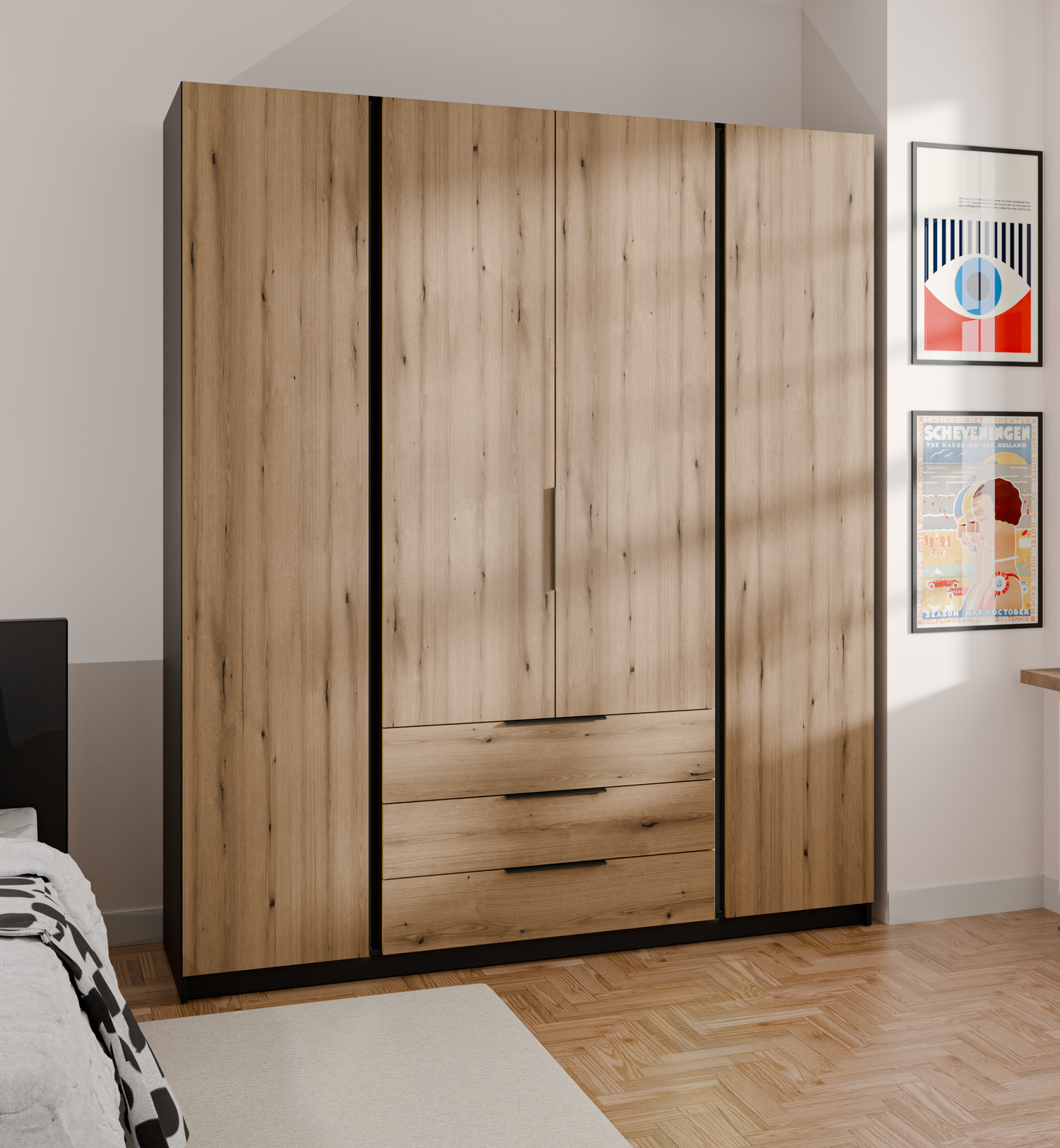 KAJA 4F 3S - AVAILABLE IN 4 COLORSDimensions: 2000 x 2390 x 619 mm (W x H x D)Number of packages: 6Front:- 16 mm laminated board- ABS edging- UA-HEXA-256-20M holder, 256 mm / aluminumBody:- 16 mm laminated board - melamine / ABS edgeDrawers:- QUADRO guide