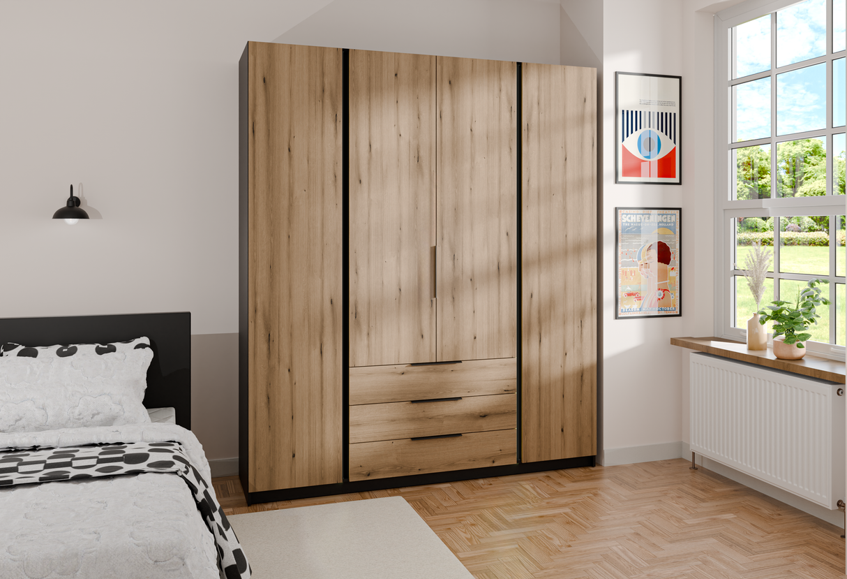 KAJA 4F 3S - AVAILABLE IN 4 COLORSDimensions: 2000 x 2390 x 619 mm (W x H x D)Number of packages: 6Front:- 16 mm laminated board- ABS edging- UA-HEXA-256-20M holder, 256 mm / aluminumBody:- 16 mm laminated board - melamine / ABS edgeDrawers:- QUADRO guide