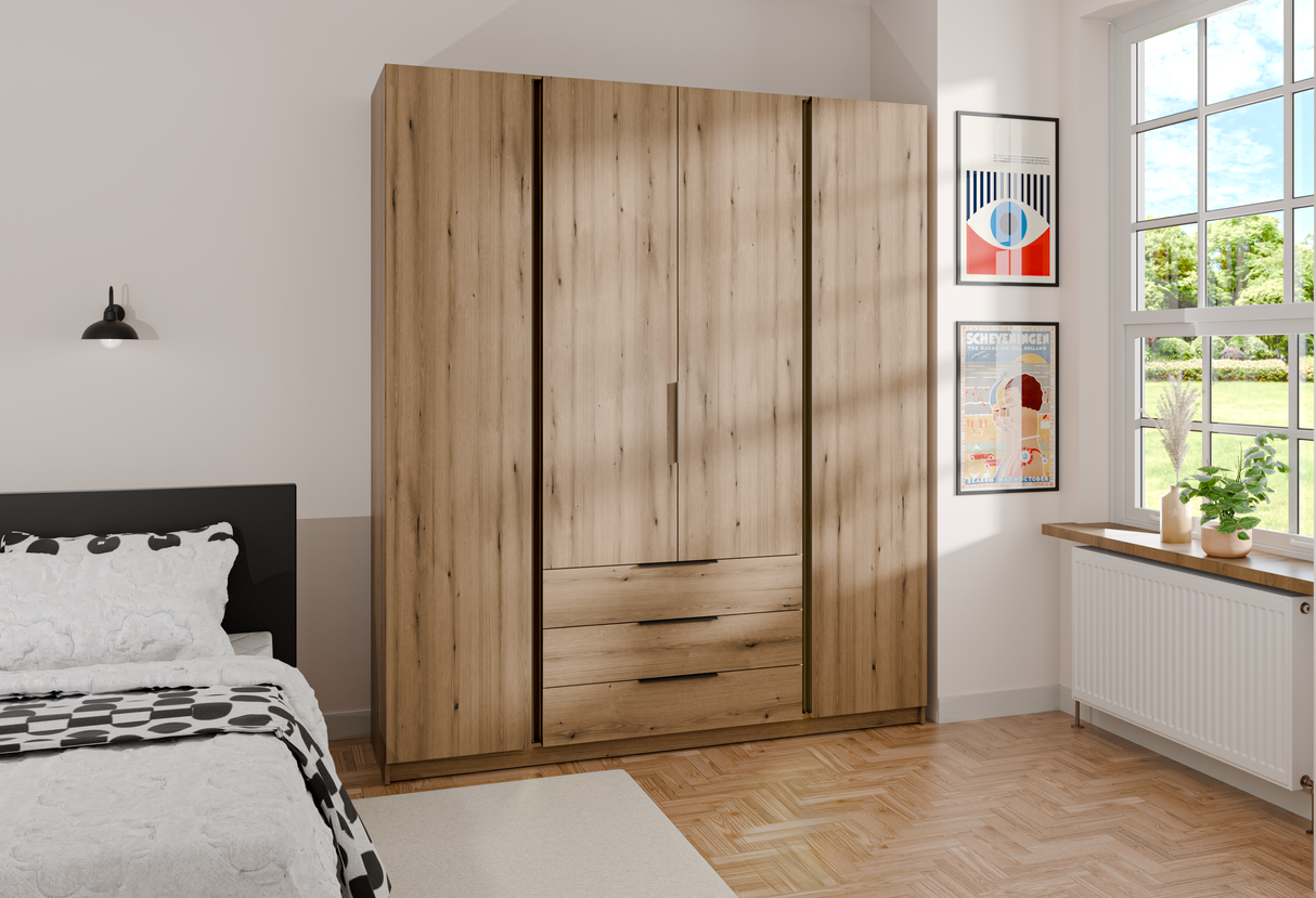 KAJA 4F 3S - AVAILABLE IN 4 COLORSDimensions: 2000 x 2390 x 619 mm (W x H x D)Number of packages: 6Front:- 16 mm laminated board- ABS edging- UA-HEXA-256-20M holder, 256 mm / aluminumBody:- 16 mm laminated board - melamine / ABS edgeDrawers:- QUADRO guide