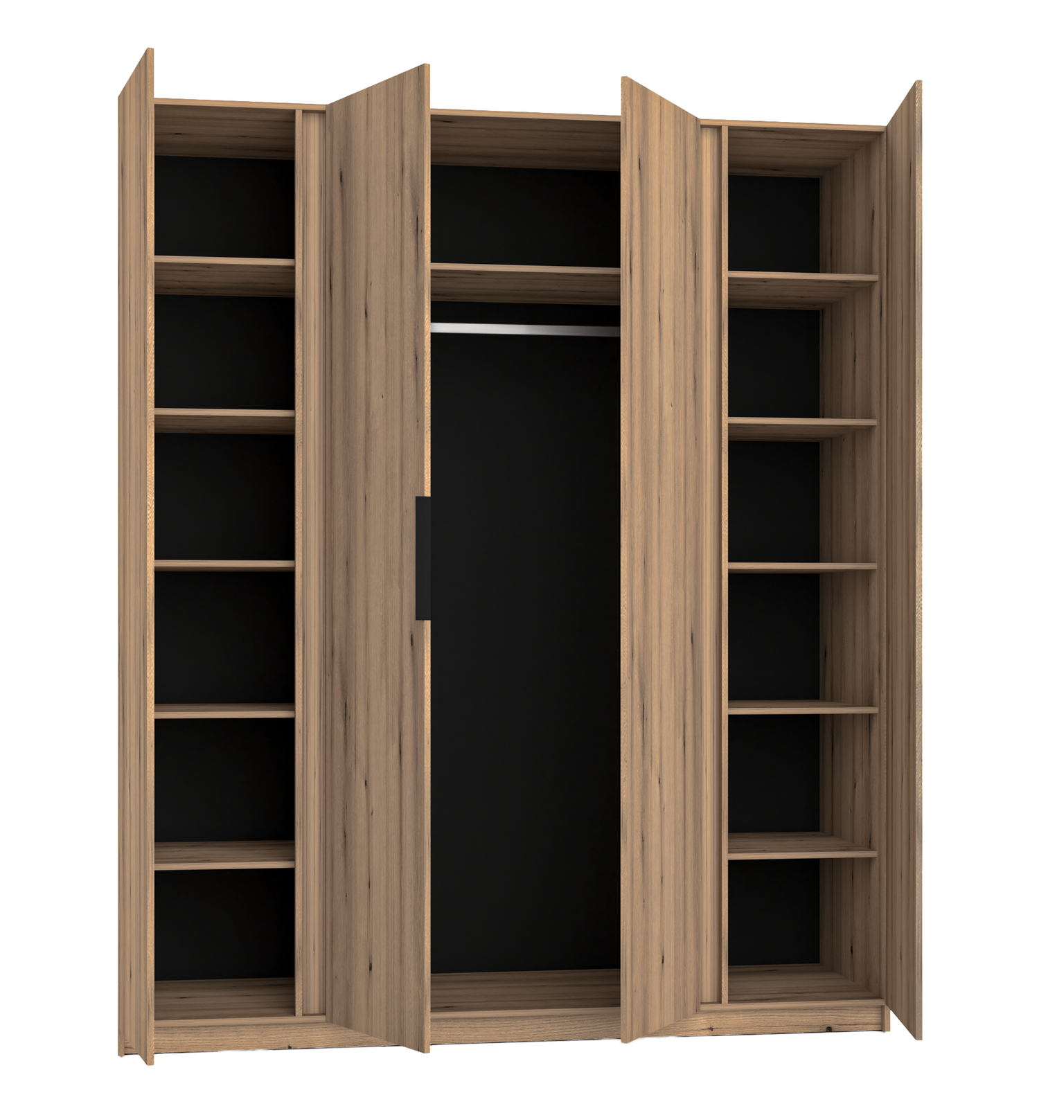 KAJA 4F - AVAILABLE IN 4 COLORSDimensions: 2000 x 2390 x 619 mm (W x H x D)Number of Packages: 6Front:- laminated plate 16 mm - black- the edge of ABS- handle UA-HEXA-256-20M, 256 mm / aluminumThe body:- laminated plate 16 mm - oak evoke- melamine / ABS p