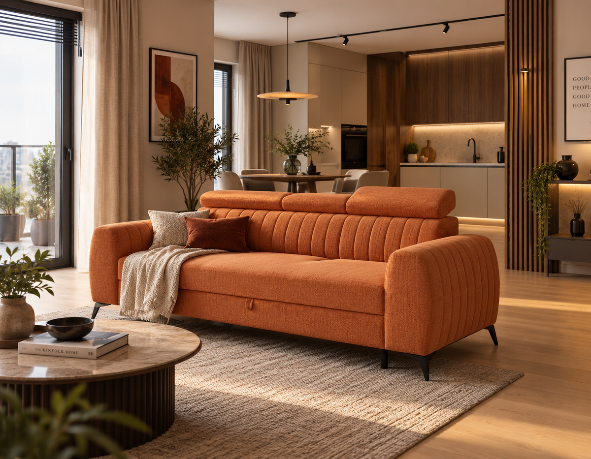 NOWOŚĆ!! SOFA Z FUNKCJĄ SPANIA AURA 258 CM, PIANKA + SPRĘŻYNY FALISTE, DOSTĘPNA W RÓŻNYCH KOLORACH