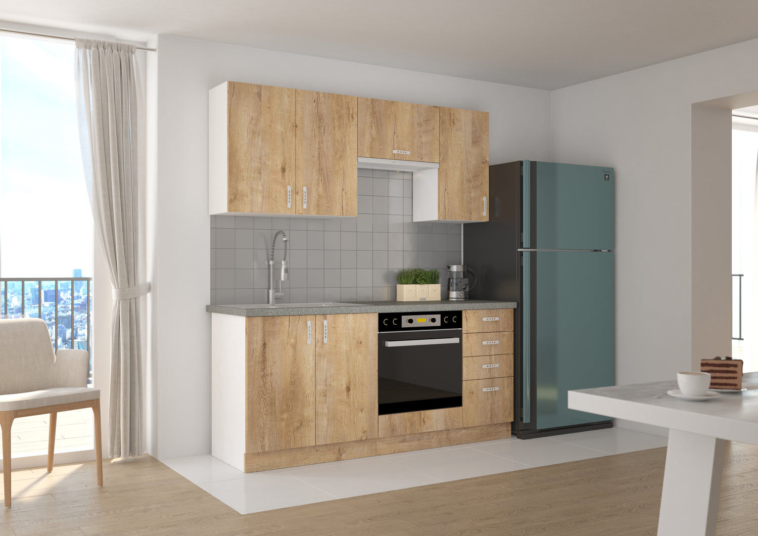 SARA KITCHEN SET LEFKAS OAKThe set includes the following elements:Upper cabinets (hanging) SARA SONOMA 80 G-72 2F | width 80cm, depth 31cm, height 72cm SARA SONOMA 60 OK-40 1F | width 60cm, depth 31cm, height 40cm SARA SONOMA 40 G-72 1F | width 40cm, dep