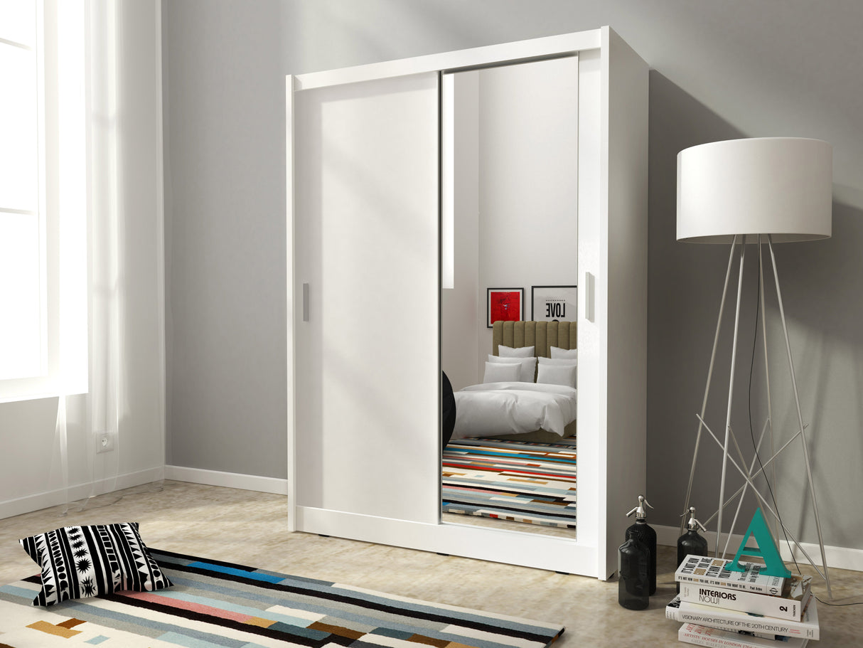SLIDING DOOR WARDROBE MAJA I MIRROR 150cm WHITESliding wardrobes with mirrors - a clever way to optically enlarge the room Maximize your space with the MAJA 1 MIRROR 150CM WHITE sliding door wardrobe. The mirrored panel create the illusion of more room, m