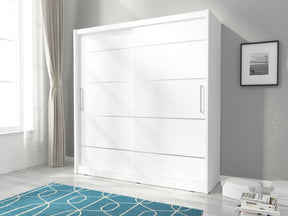 SLIDING DOOR WARDROBE MAJA ALU 200CM WHITESliding wardrobes with mirror - a clever way to optically enlarge the room Maximize your space with the MAJA I ALU 200CM WHITE sliding door wardrobe. Color: Body: WHITE Front: white + silver strips The wardrobe's