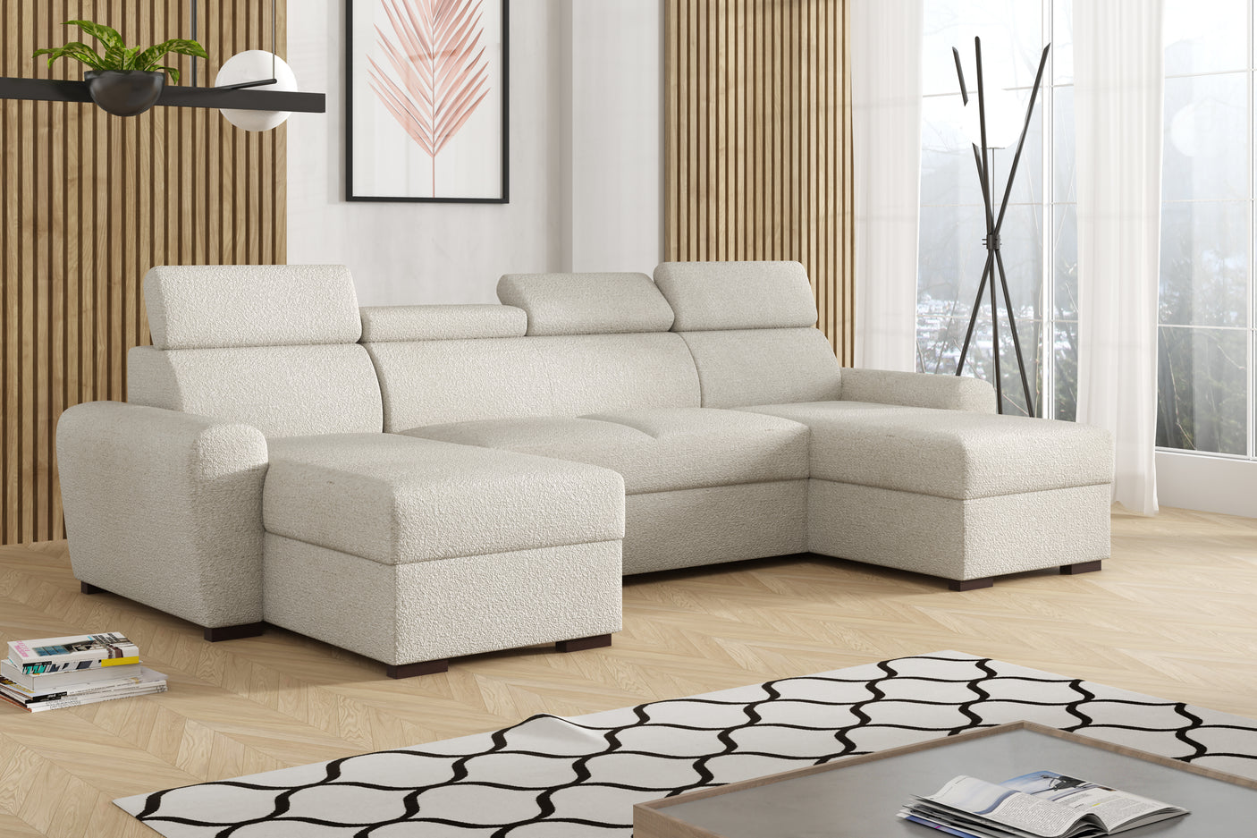 CORNER SOFA BED LAMBI U SHAPE BOUCLE FABRIC ADJUSTABLE HEADREST 2X STORAGE *CHOICE OF COLORS* / SPRINGS + FOAMADJUSTABLE HEADRESTSBOUCLE FABRIC2X STORAGE SPACEMADE IN LAMBI FABRIC CLICK HERE THIS MODEL IS UNIVERSAL WHICH MEANS YOUR CAN CHOOSE CORNER SIDE