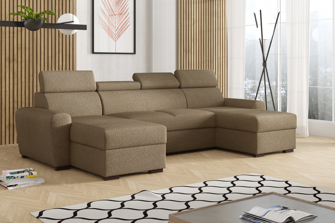 CORNER SOFA BED LAMBI U SHAPE BOUCLE FABRIC ADJUSTABLE HEADREST 2X STORAGE *CHOICE OF COLORS* / SPRINGS + FOAMADJUSTABLE HEADRESTSBOUCLE FABRIC2X STORAGE SPACEMADE IN LAMBI FABRIC CLICK HERE THIS MODEL IS UNIVERSAL WHICH MEANS YOUR CAN CHOOSE CORNER SIDE
