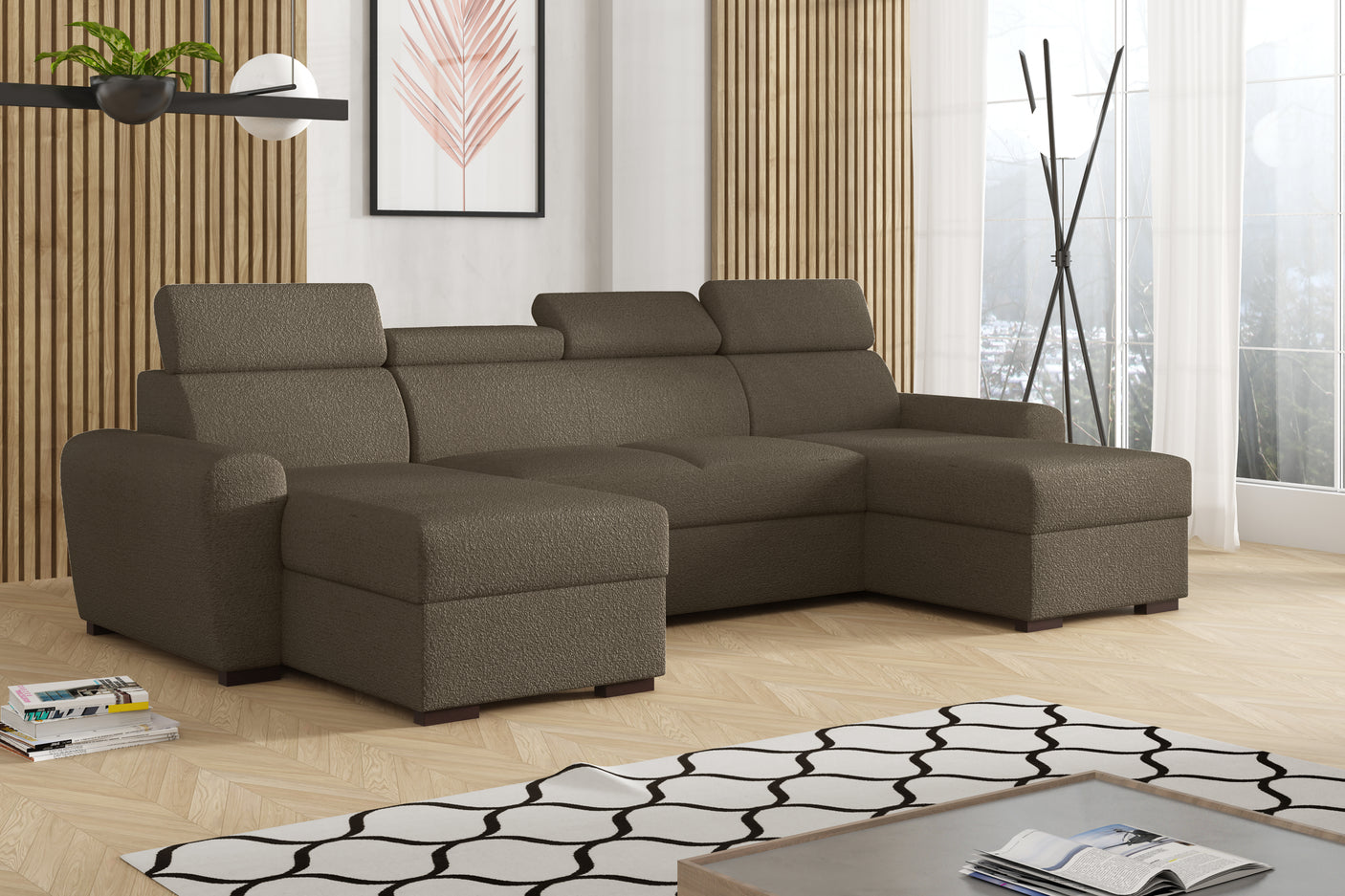 CORNER SOFA BED LAMBI U SHAPE BOUCLE FABRIC ADJUSTABLE HEADREST 2X STORAGE *CHOICE OF COLORS* / SPRINGS + FOAMADJUSTABLE HEADRESTSBOUCLE FABRIC2X STORAGE SPACEMADE IN LAMBI FABRIC CLICK HERE THIS MODEL IS UNIVERSAL WHICH MEANS YOUR CAN CHOOSE CORNER SIDE