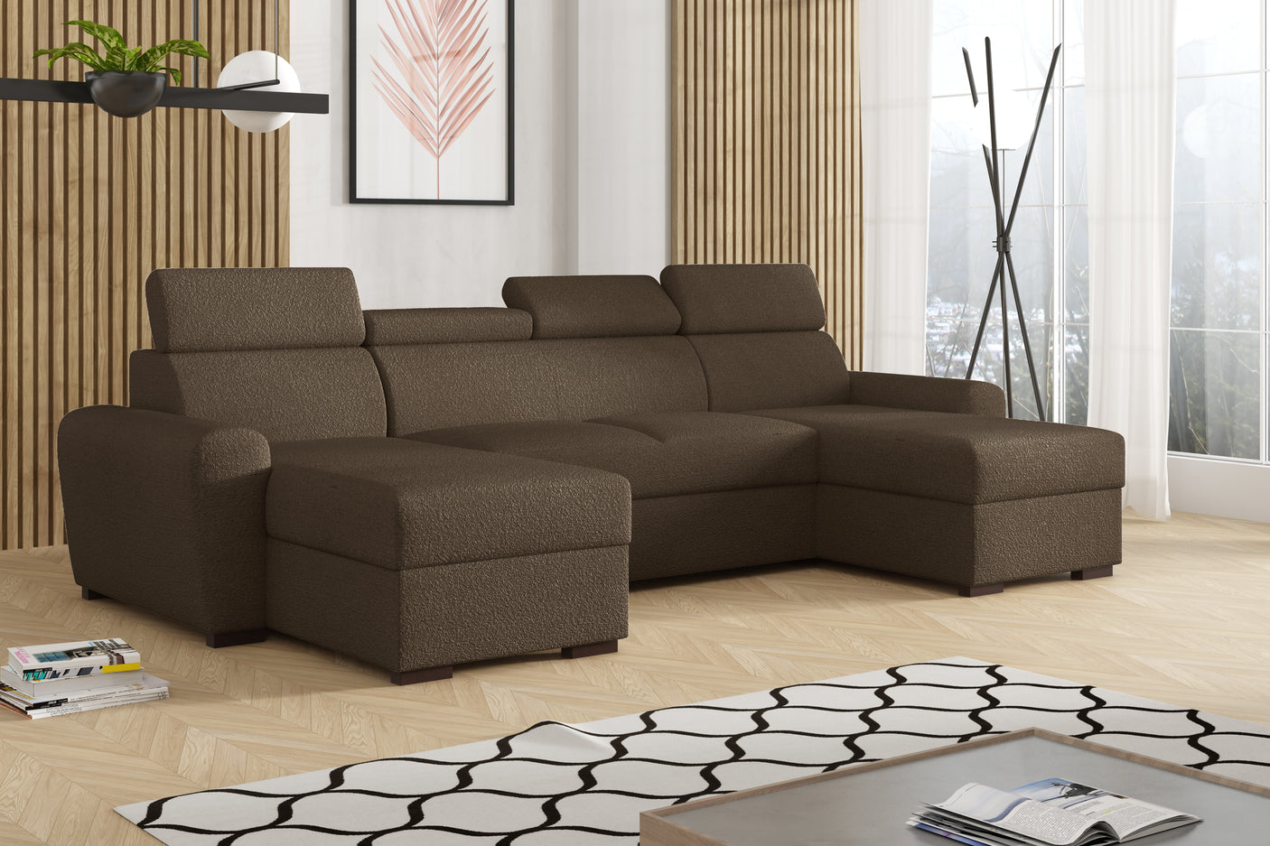 CORNER SOFA BED LAMBI U SHAPE BOUCLE FABRIC ADJUSTABLE HEADREST 2X STORAGE *CHOICE OF COLORS* / SPRINGS + FOAMADJUSTABLE HEADRESTSBOUCLE FABRIC2X STORAGE SPACEMADE IN LAMBI FABRIC CLICK HERE THIS MODEL IS UNIVERSAL WHICH MEANS YOUR CAN CHOOSE CORNER SIDE