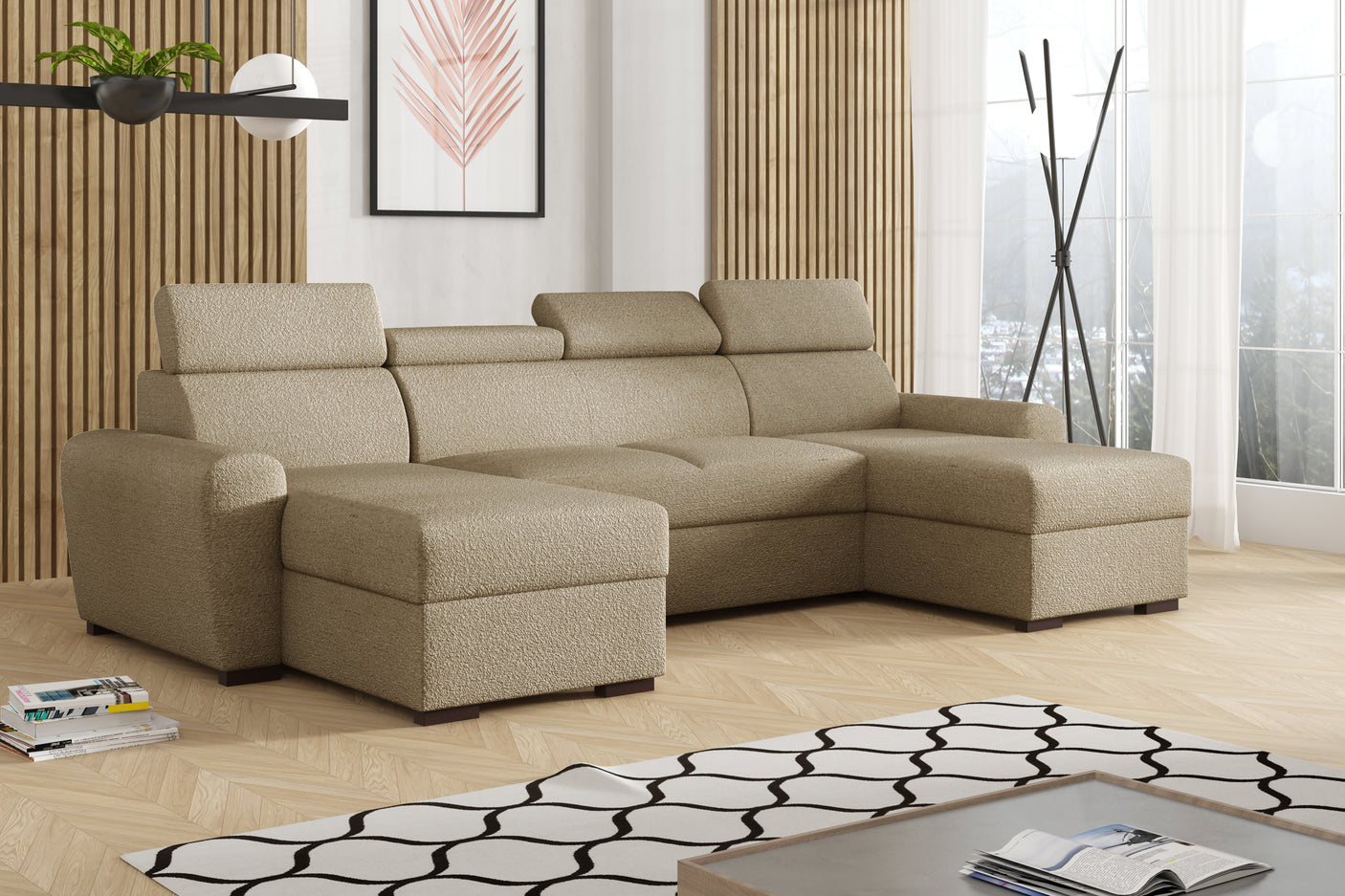 CORNER SOFA BED LAMBI U SHAPE BOUCLE FABRIC ADJUSTABLE HEADREST 2X STORAGE *CHOICE OF COLORS* / SPRINGS + FOAMADJUSTABLE HEADRESTSBOUCLE FABRIC2X STORAGE SPACEMADE IN LAMBI FABRIC CLICK HERE THIS MODEL IS UNIVERSAL WHICH MEANS YOUR CAN CHOOSE CORNER SIDE