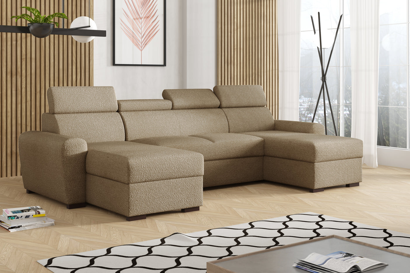 CORNER SOFA BED LAMBI U SHAPE BOUCLE FABRIC ADJUSTABLE HEADREST 2X STORAGE *CHOICE OF COLORS* / SPRINGS + FOAMADJUSTABLE HEADRESTSBOUCLE FABRIC2X STORAGE SPACEMADE IN LAMBI FABRIC CLICK HERE THIS MODEL IS UNIVERSAL WHICH MEANS YOUR CAN CHOOSE CORNER SIDE