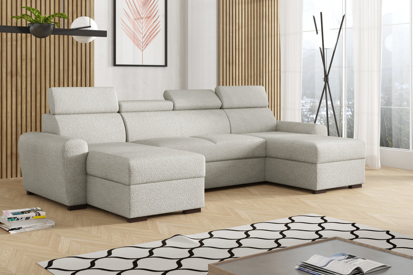 CORNER SOFA BED LAMBI U SHAPE BOUCLE FABRIC ADJUSTABLE HEADREST 2X STORAGE *CHOICE OF COLORS* / SPRINGS + FOAMADJUSTABLE HEADRESTSBOUCLE FABRIC2X STORAGE SPACEMADE IN LAMBI FABRIC CLICK HERE THIS MODEL IS UNIVERSAL WHICH MEANS YOUR CAN CHOOSE CORNER SIDE