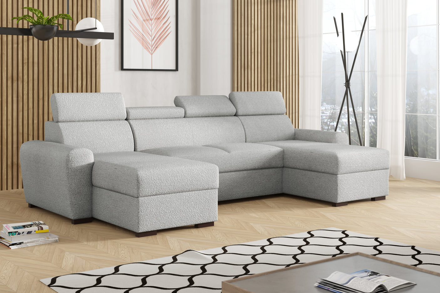 CORNER SOFA BED LAMBI U SHAPE BOUCLE FABRIC ADJUSTABLE HEADREST 2X STORAGE *CHOICE OF COLORS* / SPRINGS + FOAMADJUSTABLE HEADRESTSBOUCLE FABRIC2X STORAGE SPACEMADE IN LAMBI FABRIC CLICK HERE THIS MODEL IS UNIVERSAL WHICH MEANS YOUR CAN CHOOSE CORNER SIDE