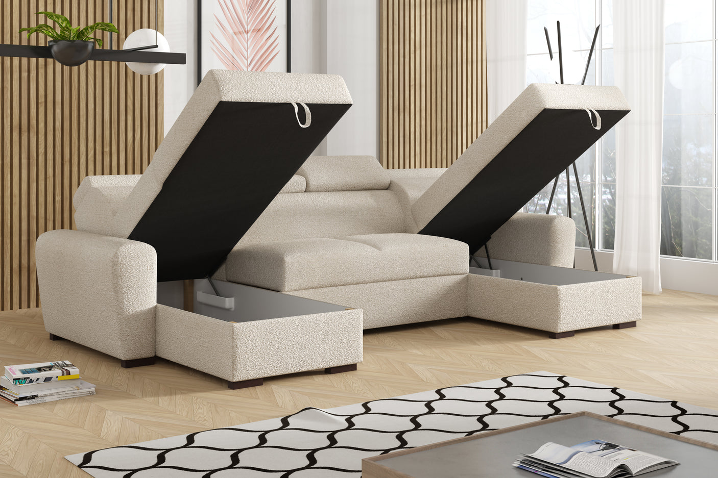 CORNER SOFA BED LAMBI U SHAPE BOUCLE FABRIC ADJUSTABLE HEADREST 2X STORAGE *CHOICE OF COLORS* / SPRINGS + FOAMADJUSTABLE HEADRESTSBOUCLE FABRIC2X STORAGE SPACEMADE IN LAMBI FABRIC CLICK HERE THIS MODEL IS UNIVERSAL WHICH MEANS YOUR CAN CHOOSE CORNER SIDE