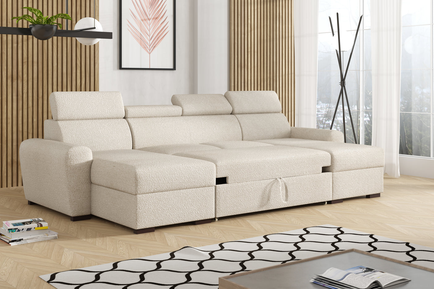 CORNER SOFA BED LAMBI U SHAPE BOUCLE FABRIC ADJUSTABLE HEADREST 2X STORAGE *CHOICE OF COLORS* / SPRINGS + FOAMADJUSTABLE HEADRESTSBOUCLE FABRIC2X STORAGE SPACEMADE IN LAMBI FABRIC CLICK HERE THIS MODEL IS UNIVERSAL WHICH MEANS YOUR CAN CHOOSE CORNER SIDE