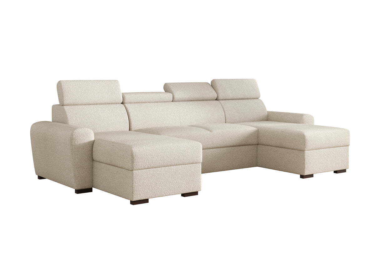 CORNER SOFA BED LAMBI U SHAPE BOUCLE FABRIC ADJUSTABLE HEADREST 2X STORAGE *CHOICE OF COLORS* / SPRINGS + FOAM