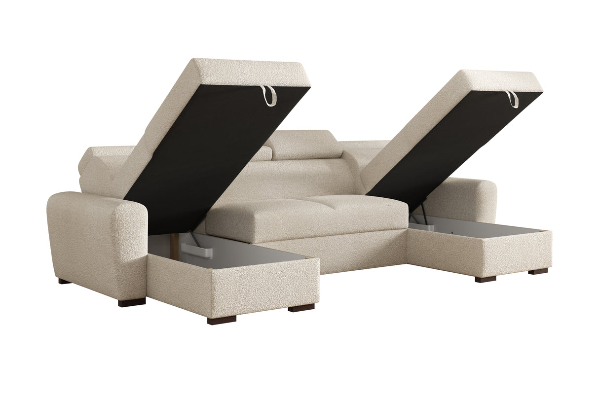 CORNER SOFA BED LAMBI U SHAPE BOUCLE FABRIC ADJUSTABLE HEADREST 2X STORAGE *CHOICE OF COLORS* / SPRINGS + FOAM