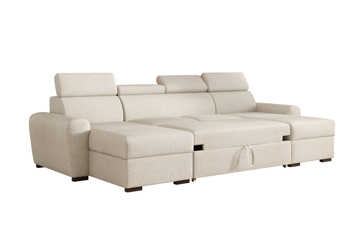CORNER SOFA BED LAMBI U SHAPE BOUCLE FABRIC ADJUSTABLE HEADREST 2X STORAGE *CHOICE OF COLORS* / SPRINGS + FOAM