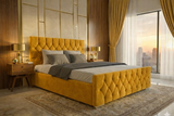 KOSTENLOSE LIEFERUNG! Luxuriöses Samt-Chesterfield-Bett mit tiefem Diamantstepp und Chromfüßen – Erhältlich in allen Größen / WEICHER SAMT SENFGELB