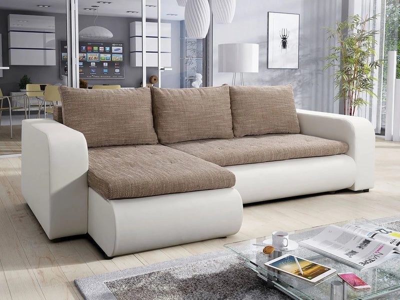 CORNER SOFA BED NIKO LAWA 2 / SOFT 17 238CM / SPRINGS + FOAMSEAT AND CUSHION MADE IN LAWA FABRIC CLICK HERE BOTTOM AND SIDES MADE ON FAUX LEATHER SOFT CLICK HEREDIMENSTIONS:WIDTH: 238cmDEPTH: 152CMHEIGHT: 85CMSLEEPING AREA:202X130CM FEATURES3X PILLOWS1X S