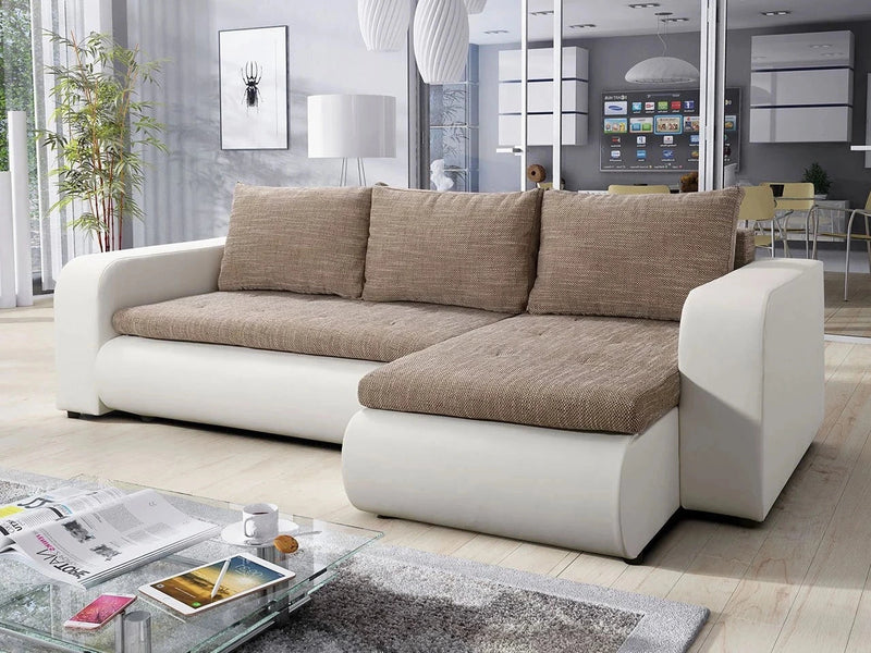 CORNER SOFA BED NIKO LAWA 2 / SOFT 17 238CM / SPRINGS + FOAMSEAT AND CUSHION MADE IN LAWA FABRIC CLICK HERE BOTTOM AND SIDES MADE ON FAUX LEATHER SOFT CLICK HEREDIMENSTIONS:WIDTH: 238cmDEPTH: 152CMHEIGHT: 85CMSLEEPING AREA:202X130CM FEATURES3X PILLOWS1X S