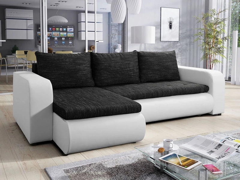 CORNER SOFA BED NIKO LAWA 6 / SOFT 17 238CM / SPRINGS + FOAMSEAT AND CUSHION MADE IN LAWA FABRIC CLICK HERE BOTTOM AND SIDES MADE ON FAUX LEATHER SOFT CLICK HEREDIMENSTIONS:WIDTH: 238cmDEPTH: 152CMHEIGHT: 85CMSLEEPING AREA:202X130CM FEATURES3X PILLOWS1X S