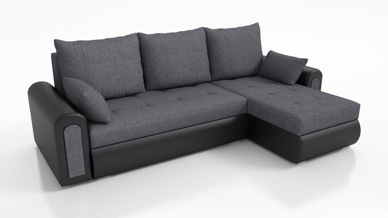 UNIVERSAL CORNER SOFA BED ECO 240CM GREY / BLACK FAUX LEATHER SAWANA 05 / MADRYT 9100 2X STORAGETHIS MODEL IS UNIVERSAL WHICH MEANS YOU CAN CHOOSE CORNER SIDE DURING ASSEMBLY Specifications: frame made of pine wood and furniture board (synee) Seats are ma