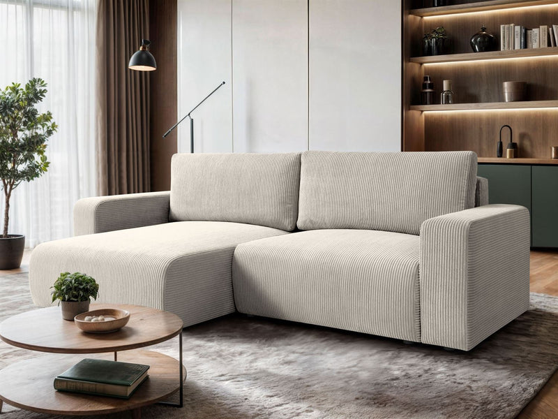 CORNER SOFA BED OPTI 247CM SPRINGS + FOAMDimensions: total width: 247 cm, total height: 83 cm, total depth: 143 cm, sleeping area: 125x205 cm. Color: POSO fabric Execution: L-shaped corner, corner sofa with sleeping function, corner sofa with a bedding co