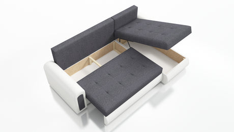 UNIVERSAL CORNER SOFA BED ECO 240CM GREY/WHITE FAUX LEATHER BERLIN 01 / MADRYT 920 2X STORAGETHIS MODEL IS UNIVERSAL WHICH MEANS YOU CAN CHOOSE CORNER SIDE DURING ASSEMBLY Specifications: frame made of pine wood and furniture board (synee) Seats are made