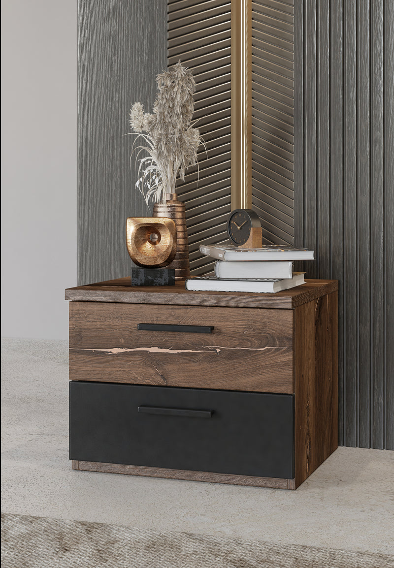 Sigma Bedside Table 46cmThe Sigma bedside table boasts a chic silhouette, adding a modern touch to your bedroom. Perfect for compact spaces and equipped with two convenient drawers, it's the ultimate spot for holding a beverage or organizing your nighttim