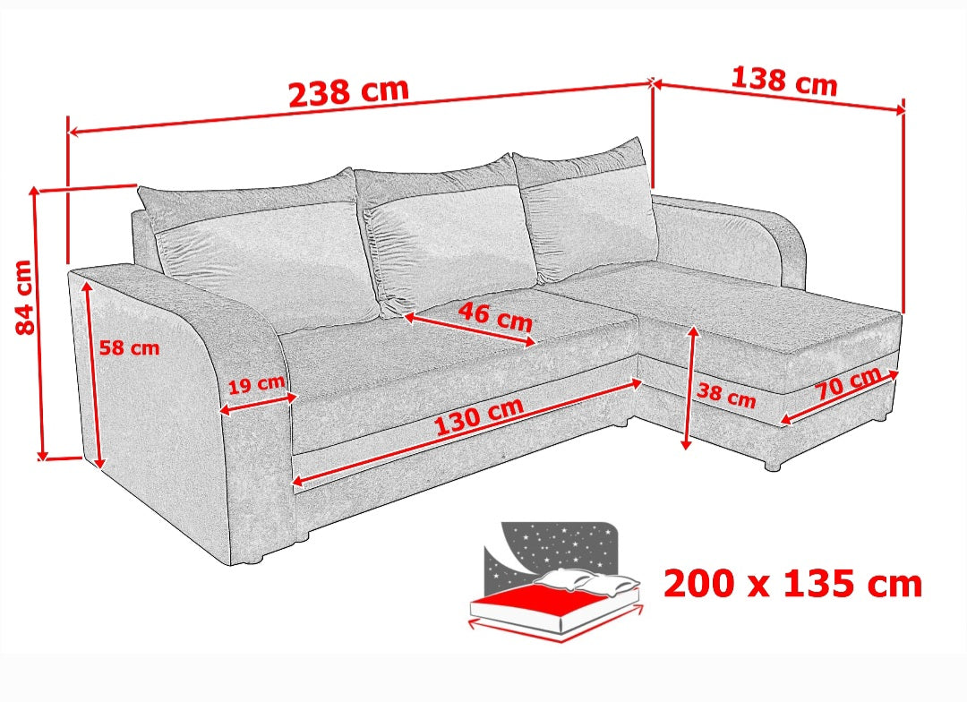 CORNER SOFA BED ALEXA BLACK/BLUE 238cm universal RIGHT/LEFT CORNER / FOAMTHIS MODEL IN UNIVERSAL WHICH MEANS YOU CAN CHOOSE CORNER SIDE DURING ASSEMBLY3x PILLOWS INCLUDED1X STORAGE SPACESLEEPING FUNCTIONDIMENTIONSWidth: 238 cmDepth: 140cmSleeping area: 20