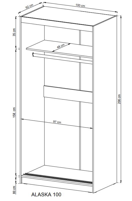 SLIDING DOOR WARDROBE ALASKA 100CM WHITEHigh-quality laminated board The board is resistant to damage, scratches and high temperatures Modern design Big space The wardrobe has two fronts, One front of the wardrobe is covered with a mirror 1 rail for hangi