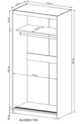 SLIDING DOOR WARDROBE ALASKA 100CM WHITEHigh-quality laminated board The board is resistant to damage, scratches and high temperatures Modern design Big space The wardrobe has two fronts, One front of the wardrobe is covered with a mirror 1 rail for hangi