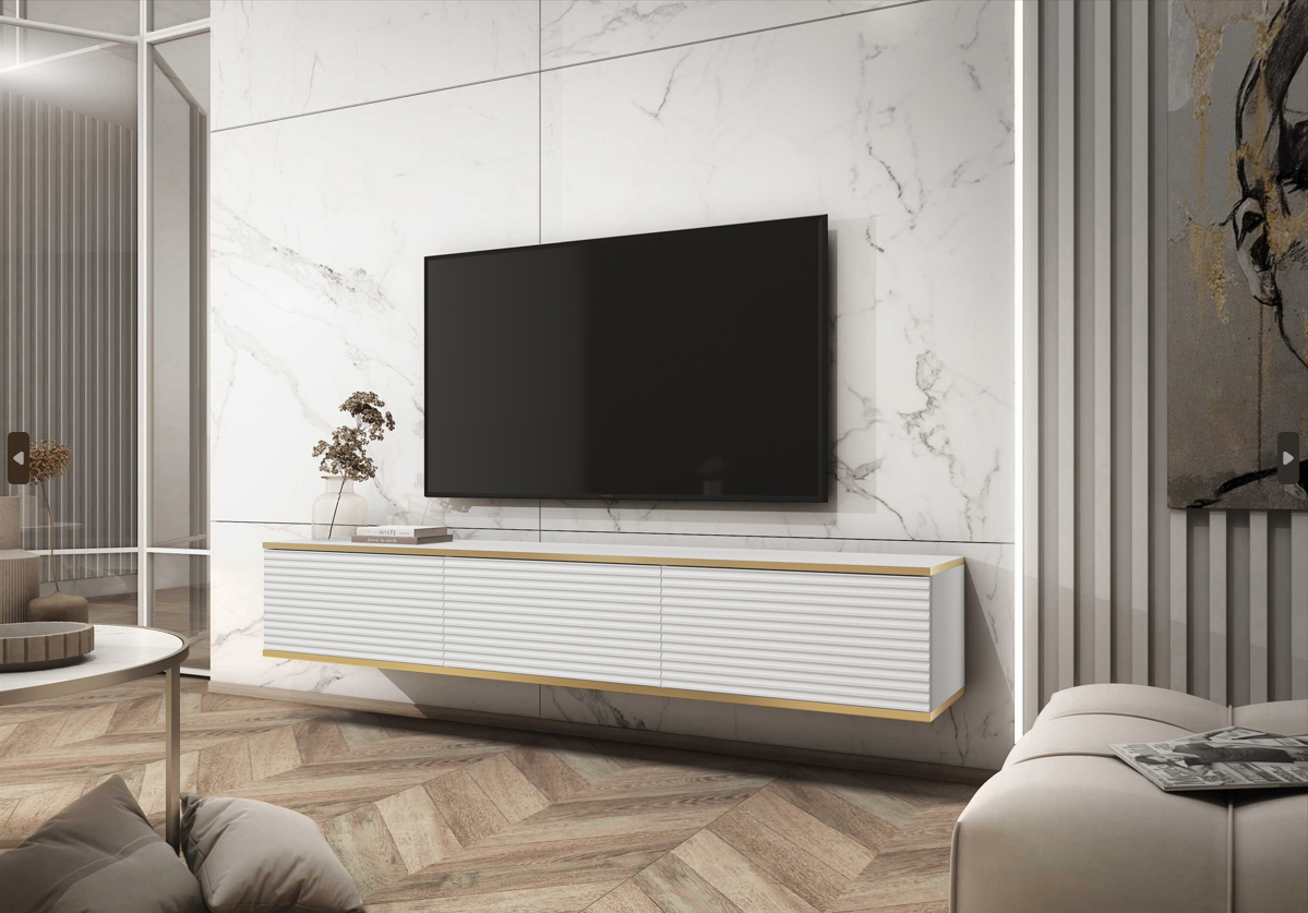 Floating TV Stand ORO 175 SLATS whiteTV Stand ORO 175 Depth: 32cmWidth: 175cmHeight: 30cmA modern tv table is a practical and elegant piece of furniture, a perfect for people who looking for functional furniture for a modern interior.The simple design gua