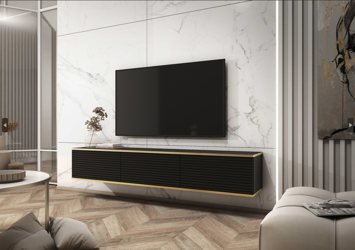 Floating TV Stand ORO 175 SLATS blackTV Stand ORO 135 Depth: 32cmWidth: 175cmHeight: 30cmA modern tv table is a practical and elegant piece of furniture, a perfect for people who looking for functional furniture for a modern interior.The simple design gua